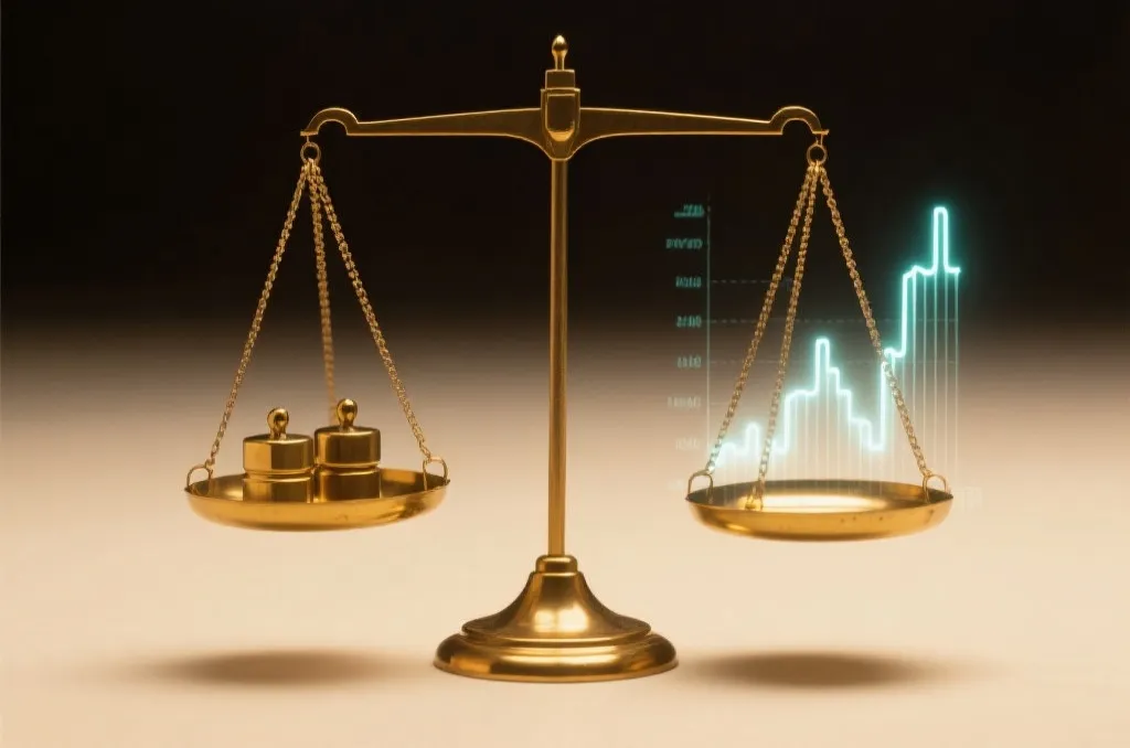 A balanced golden scale with weights on one side and a glowing line chart on the other